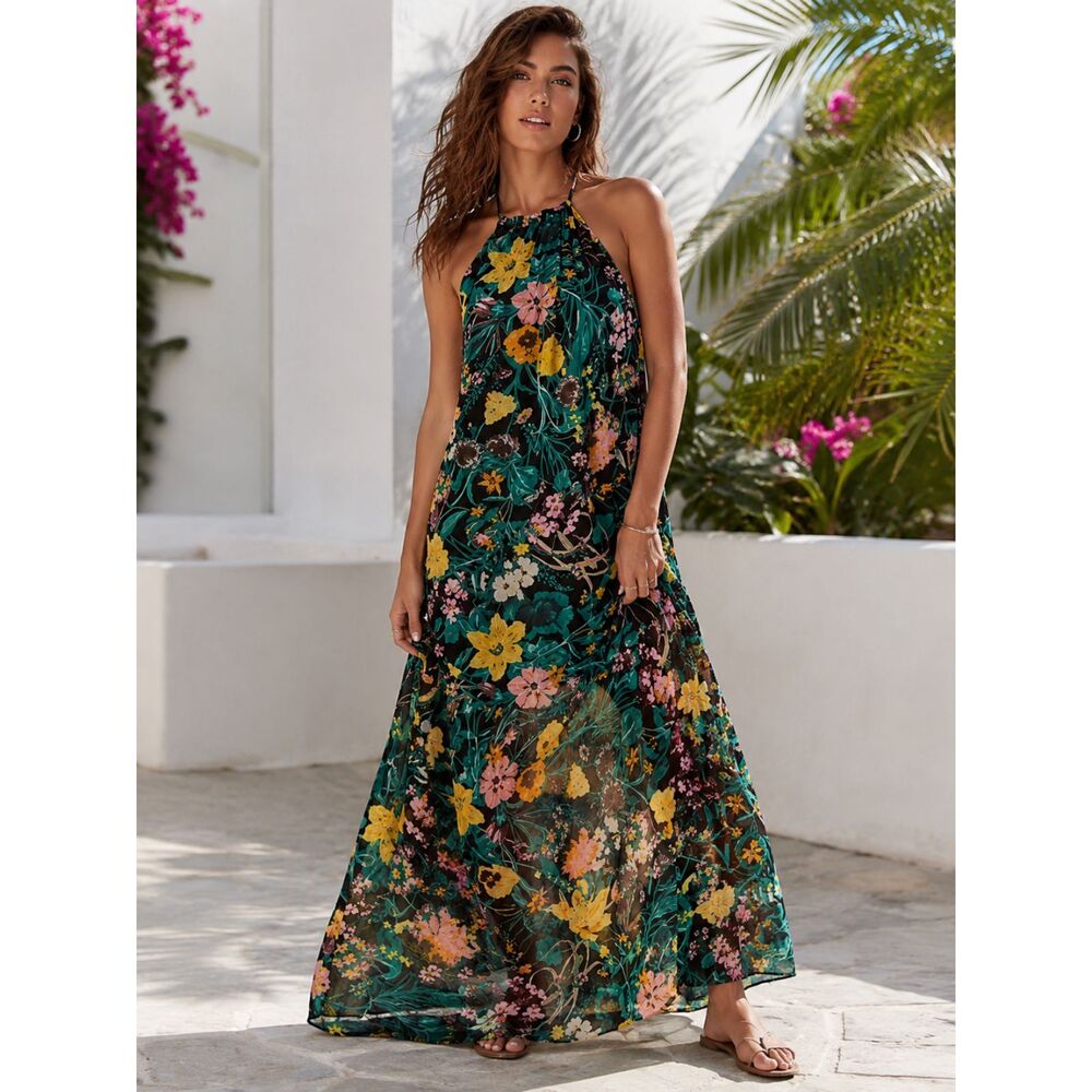 Floral Halter Maxi Dress Boho Tropical Garden Sheer Overlay Resort Vacation
